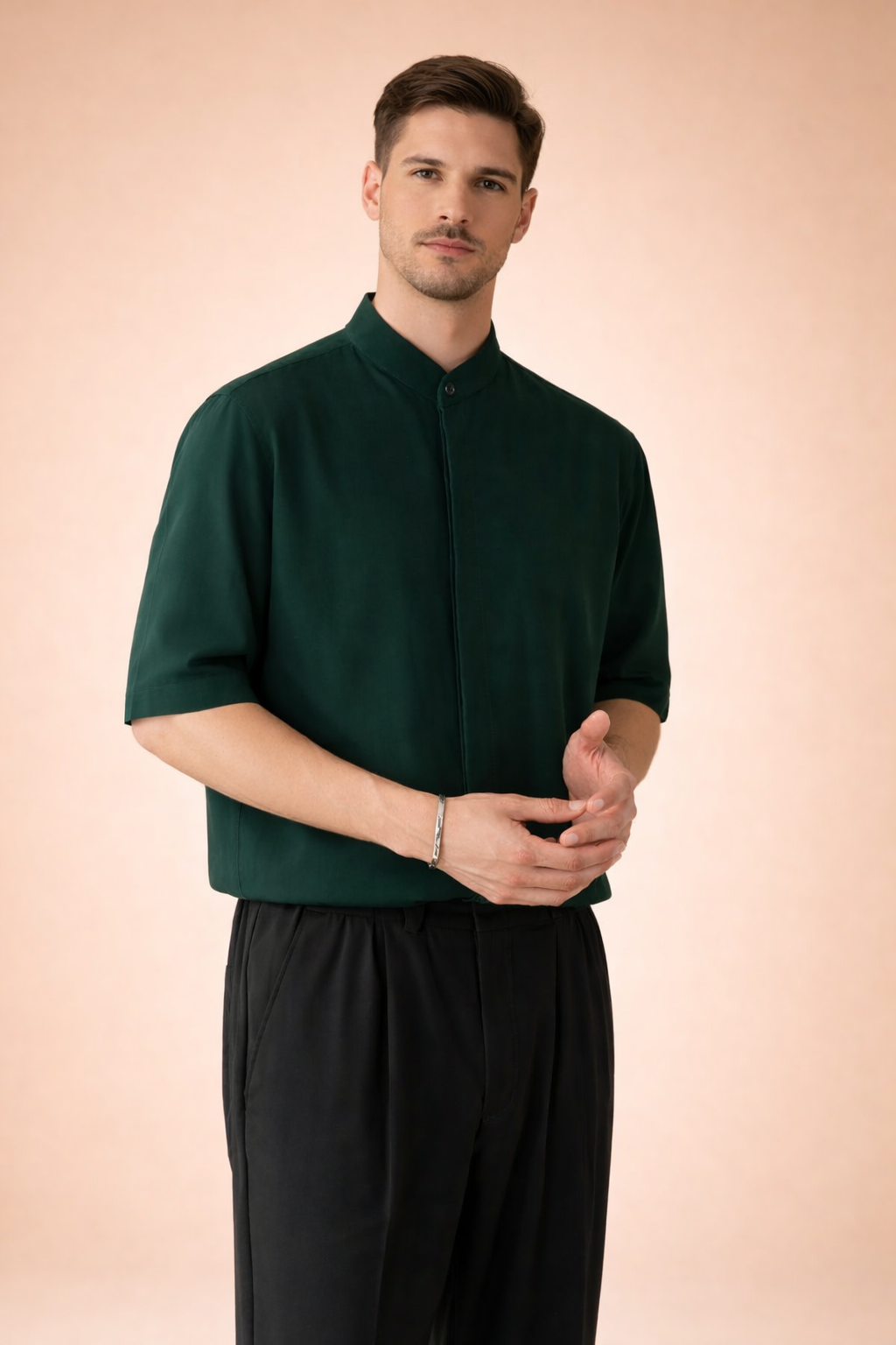 Elegant men's band collar shirt with a modern, minimalist design. Smart casual three-quarter sleeve for men's fashion.