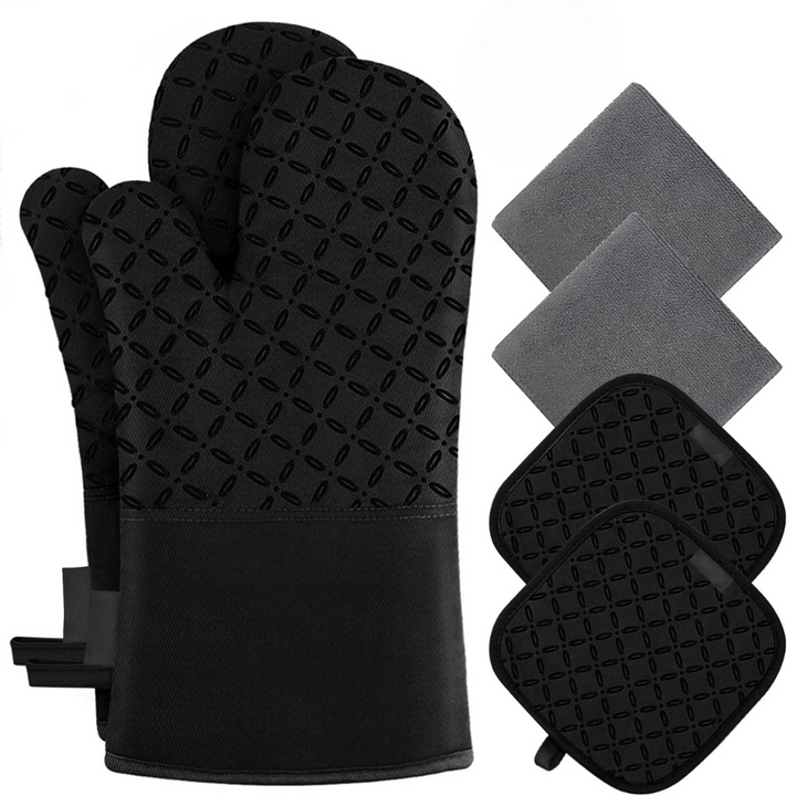 High-quality, heat-resistant oven mitts & pot holders, a 6-piece set for grilling & kitchen tasks.