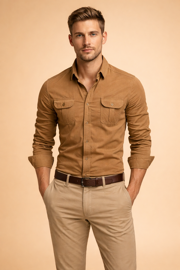 Versatile men's button-up shirt, long sleeve, ideal for smart casual, business casual, and everyday outfits.