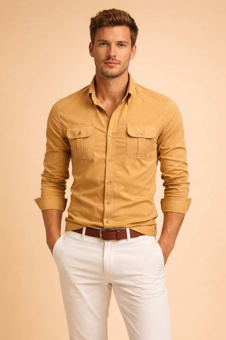 Modern fit men's long-sleeve button-up shirt, great for versatile smart casual & comfortable everyday style.
