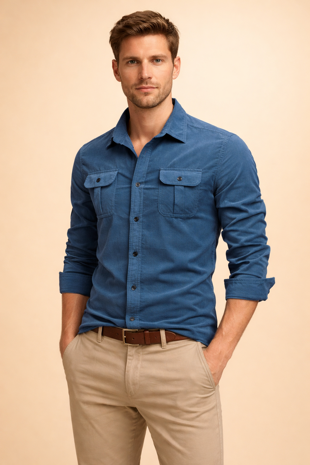 Comfortable men's long-sleeve button-up shirt, offering a stylish, versatile option for everyday casual wear.