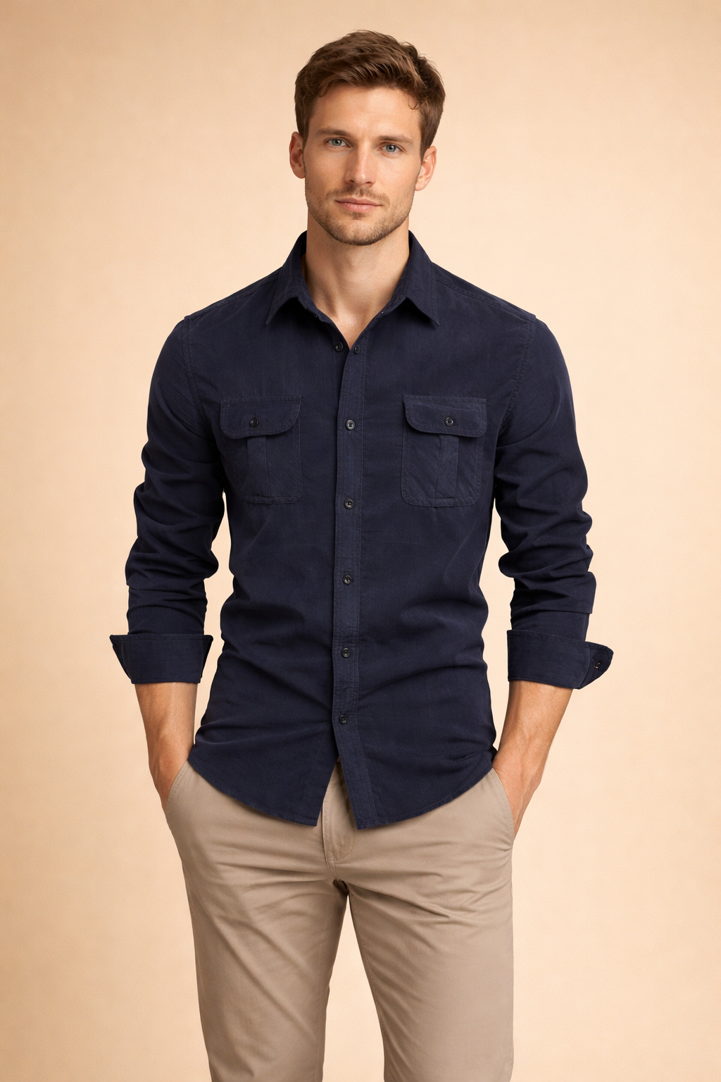 Elevate your look with this men's stylish long-sleeve button-up shirt, perfect for modern casual outfits.