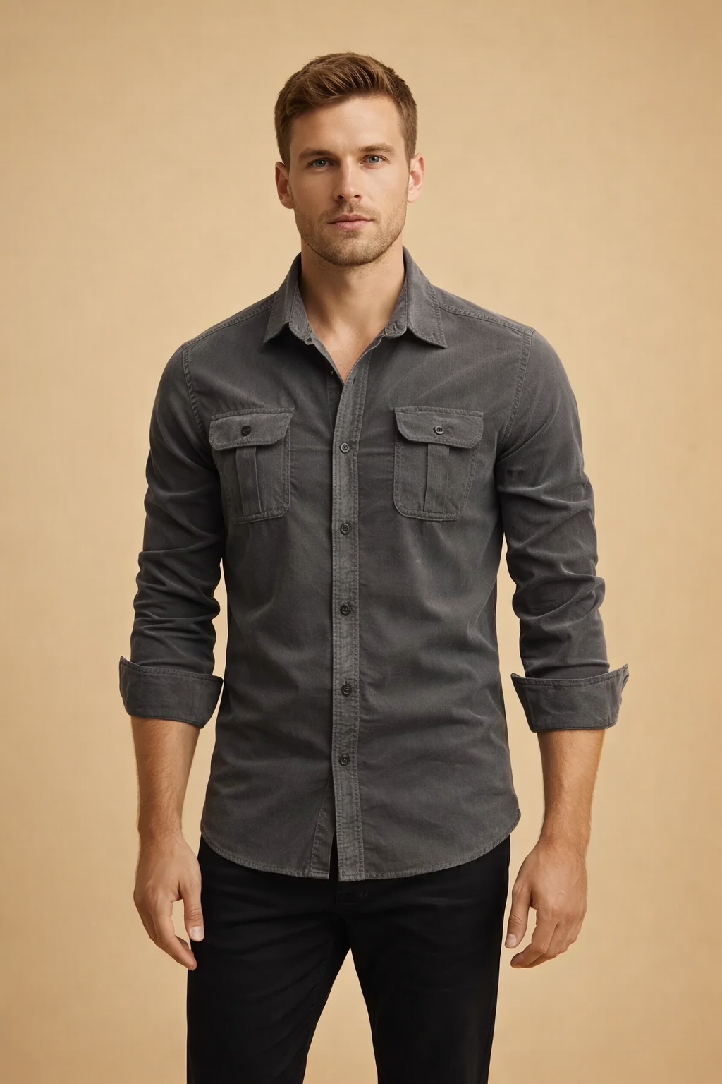 Men's versatile everyday button-up shirt, long sleeve, ideal for a stylish smart casual or business casual outfit.