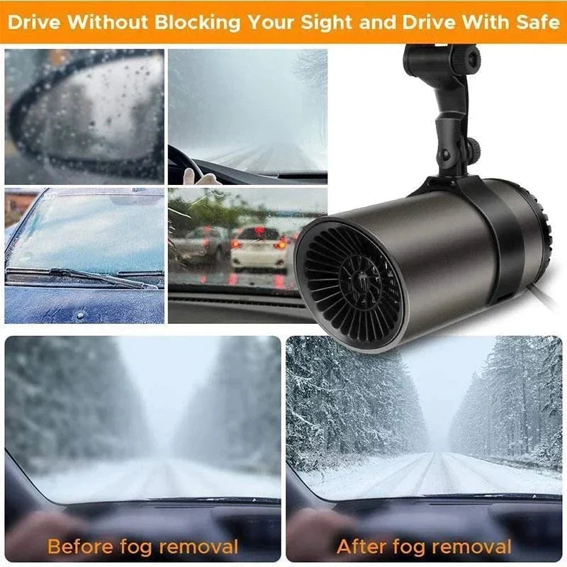 Versatile portable 12V car accessory: heater, defroster, and defogger for all winter driving needs.