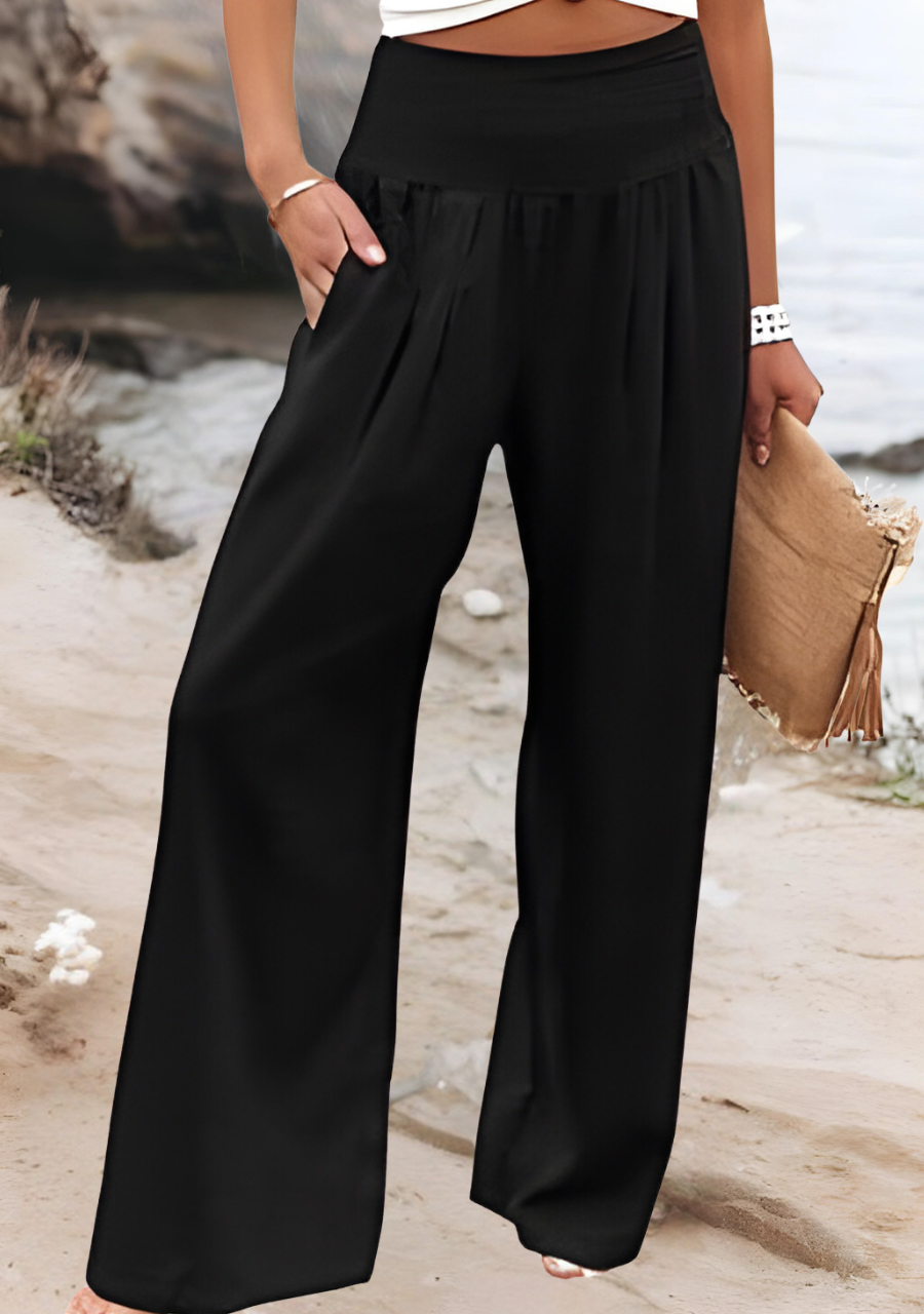 Relaxed fit women's wide leg pants, ideal for comfortable loungewear, beach days, and summer fashion.