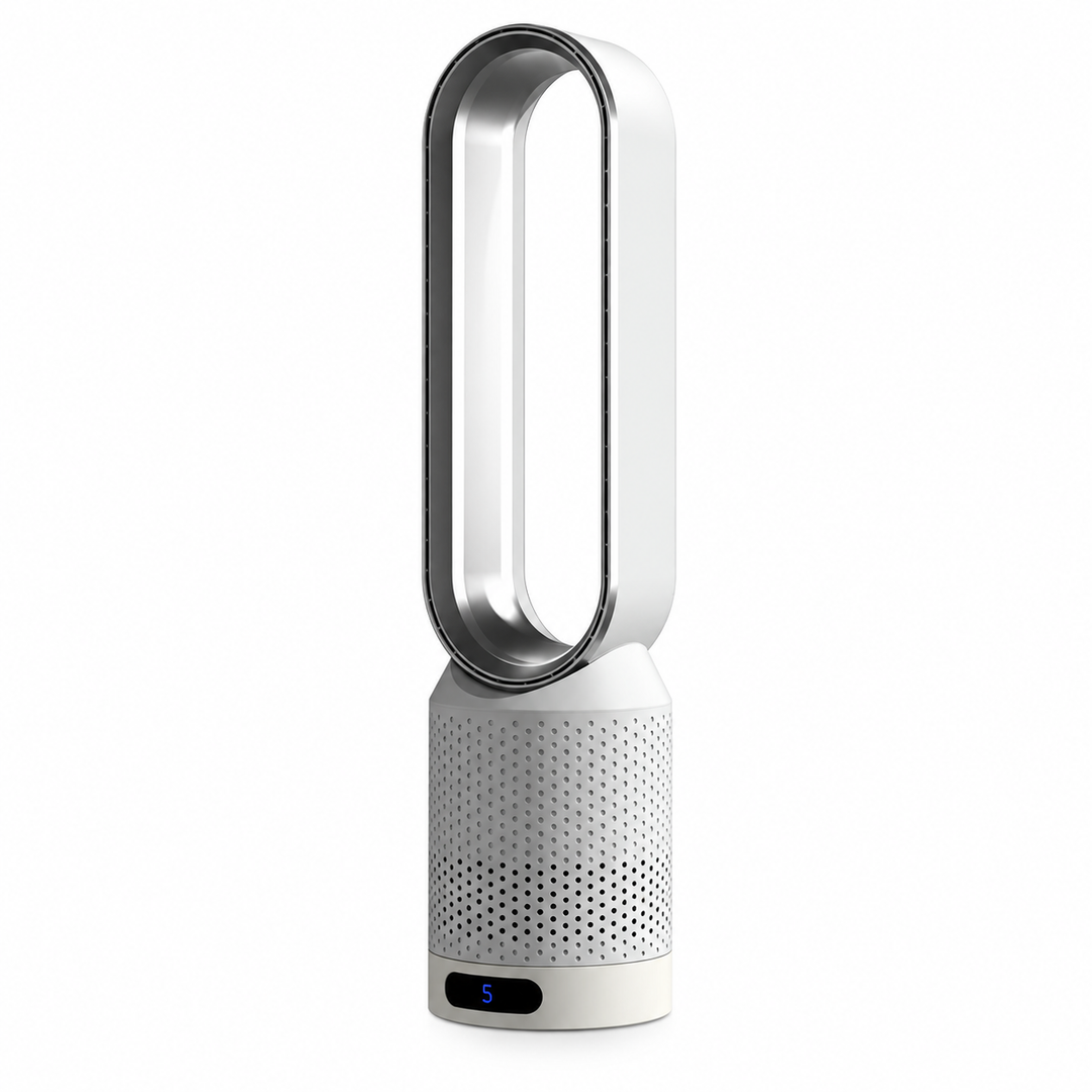 Slim bladeless tower fan, perfect for unobtrusive, quiet home or office air circulation.