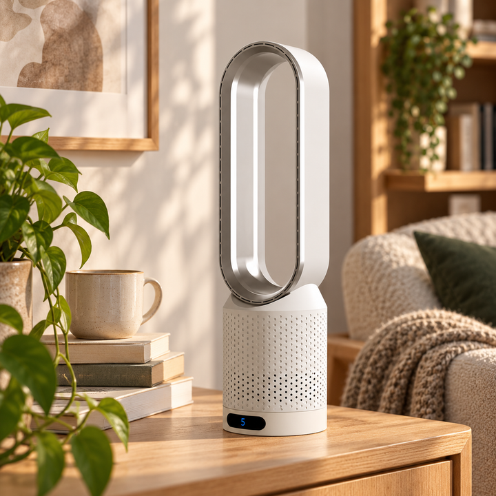 Ultra-quiet bladeless tower fan for powerful, silent home & office cooling & air circulation.