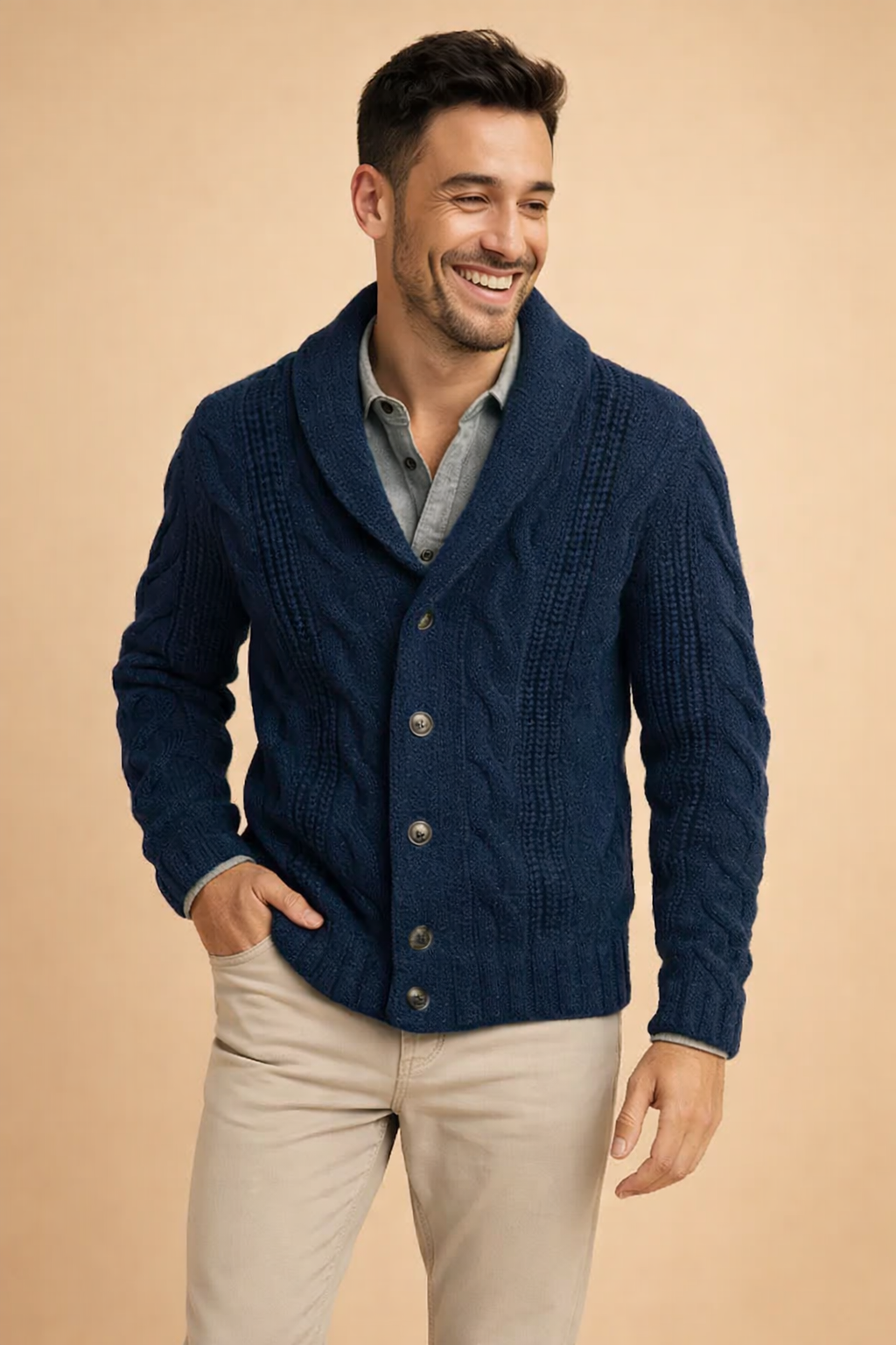 Men's button-front knit cardigan jacket for versatile casual & office wear. Comfortable everyday men's fashion.