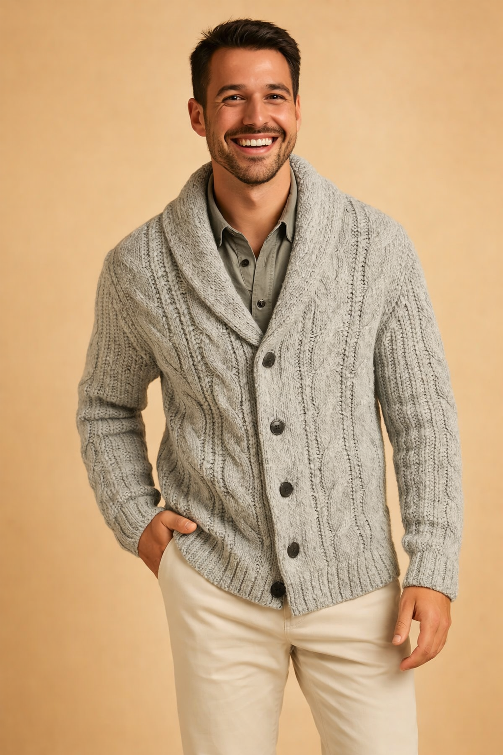 Versatile men's knit button cardigan, perfect for casual layering or smart casual office wear. All-season comfort.