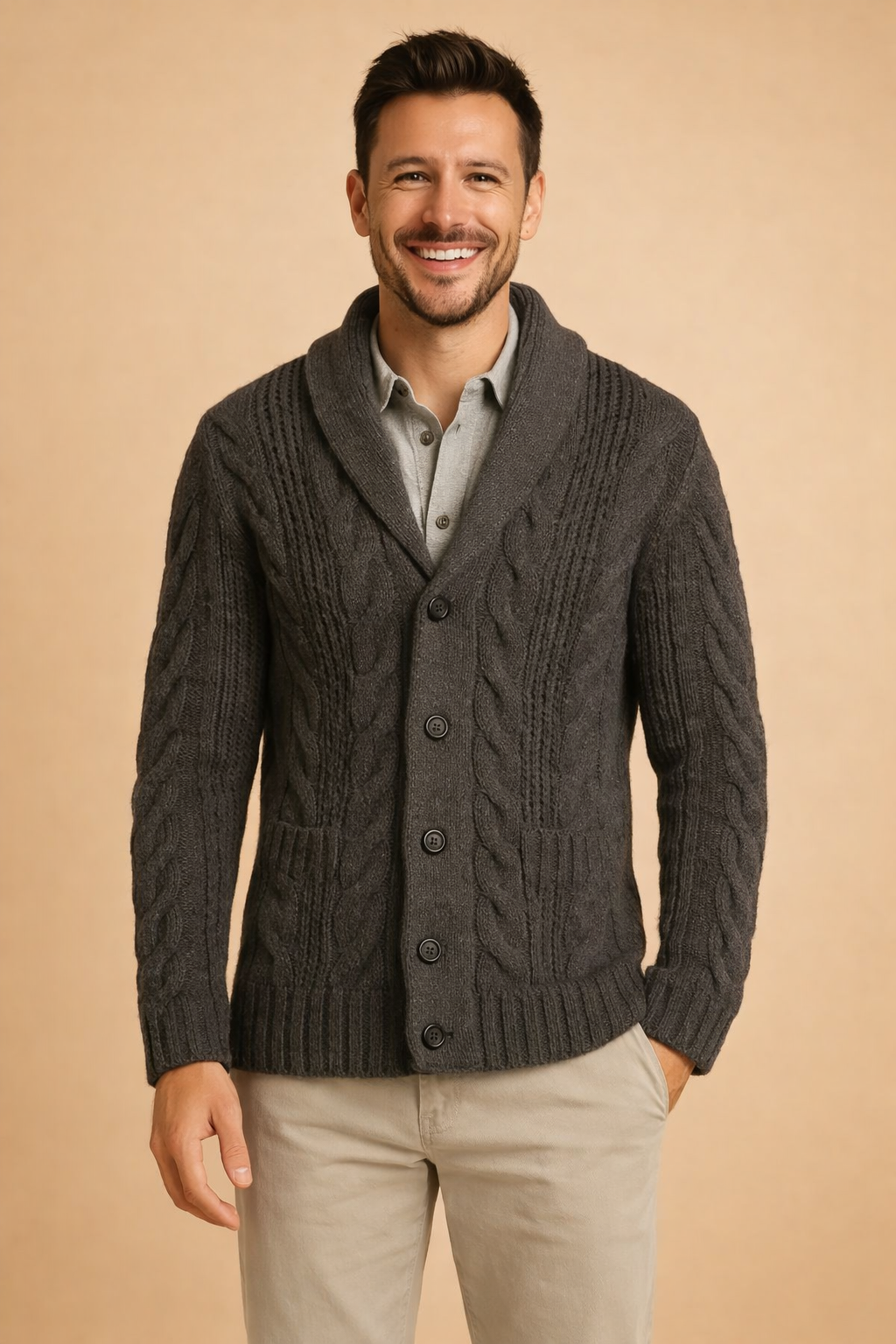Comfortable men's button cardigan jacket, ideal knitwear for everyday style, casual outings, or a layered office look.