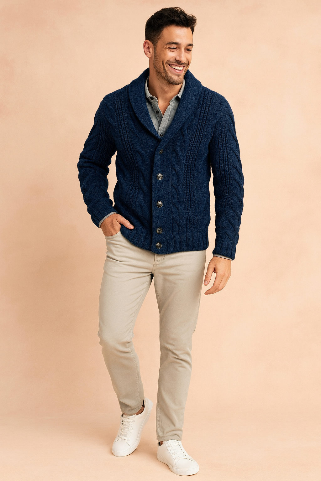 Classic men's button cardigan in soft knitwear, perfect for a comfortable, versatile layered look or everyday casual style.