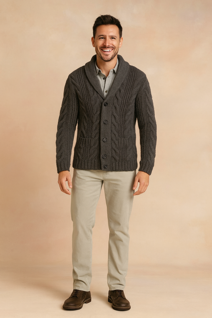 Modern men's button-front knit jacket, essential versatile cardigan for casual wear, office style, & comfortable layering.