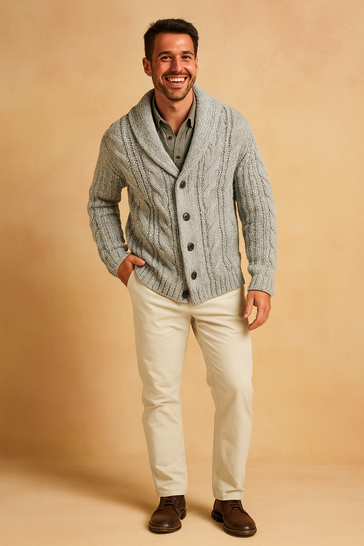 Sophisticated men's knit button cardigan for versatile fashion. Perfect everyday, casual, or office layered look.