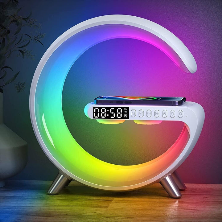 White smart alarm clock with wireless charger, Bluetooth speaker, and digital display. Modern home tech gadget.