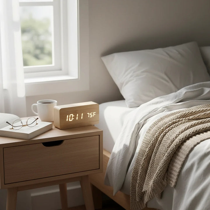 Modern LED alarm clock with voice control, perfect for a minimalist bedroom or office.