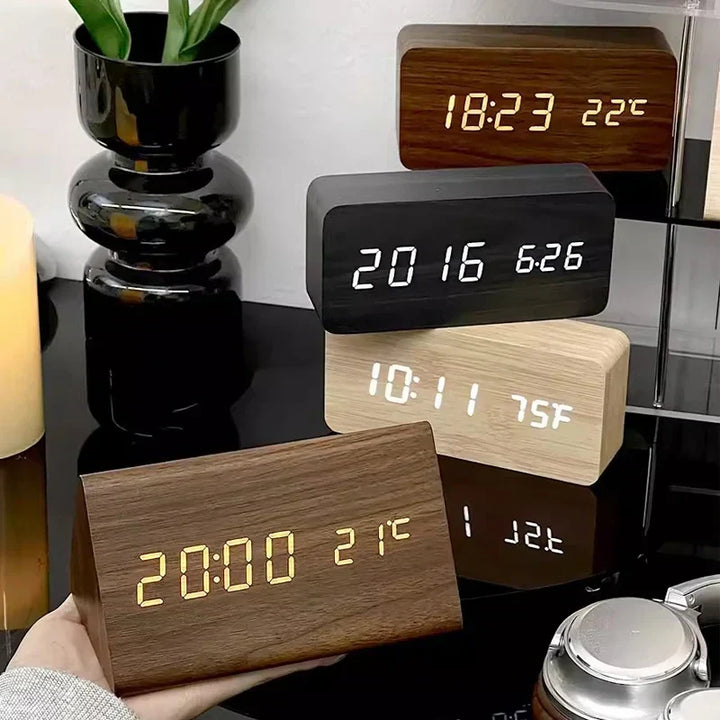 Sleek digital alarm clock featuring bright LED display & convenient voice control.