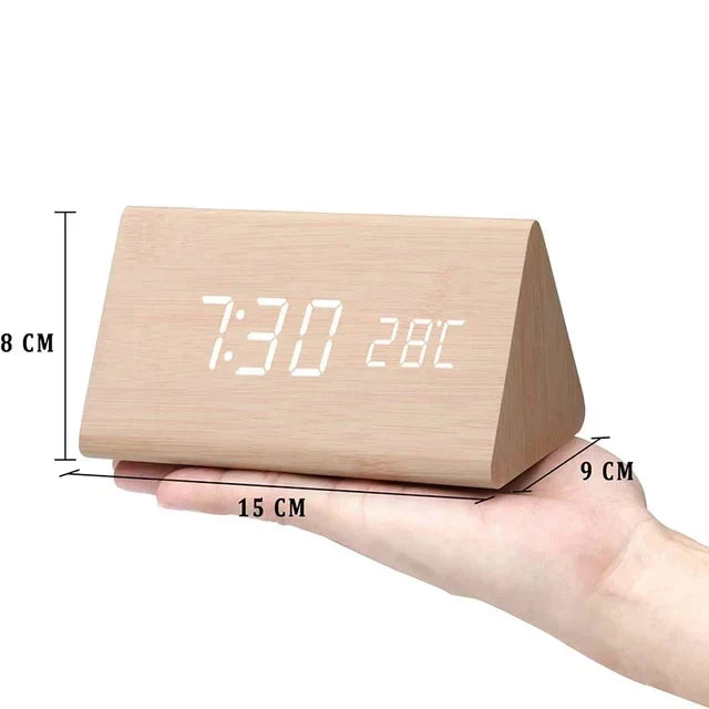 Home decor voice control alarm clock, minimalist design with a bright LED screen.