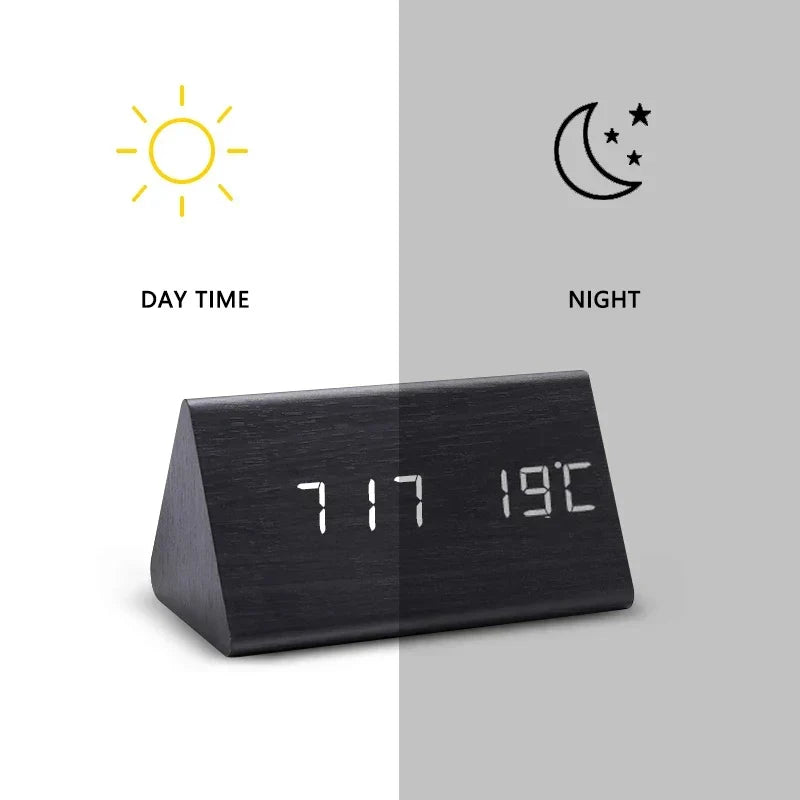 Digital minimalist alarm clock with voice control and clear, easy-to-read LED display.