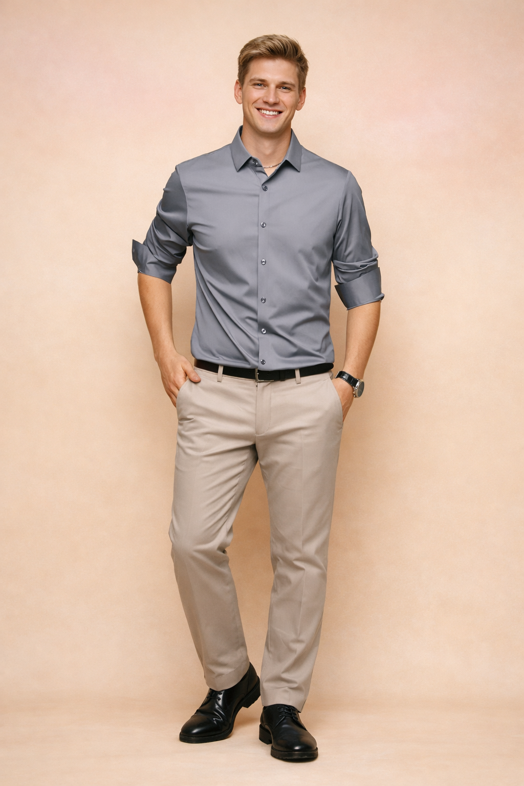 Tailored men's button-down shirt with long sleeves, offering a classic & modern fit for elegant style.