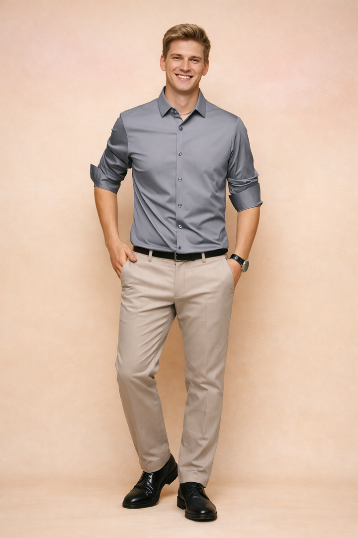Tailored men's button-down shirt with long sleeves, offering a classic & modern fit for elegant style.