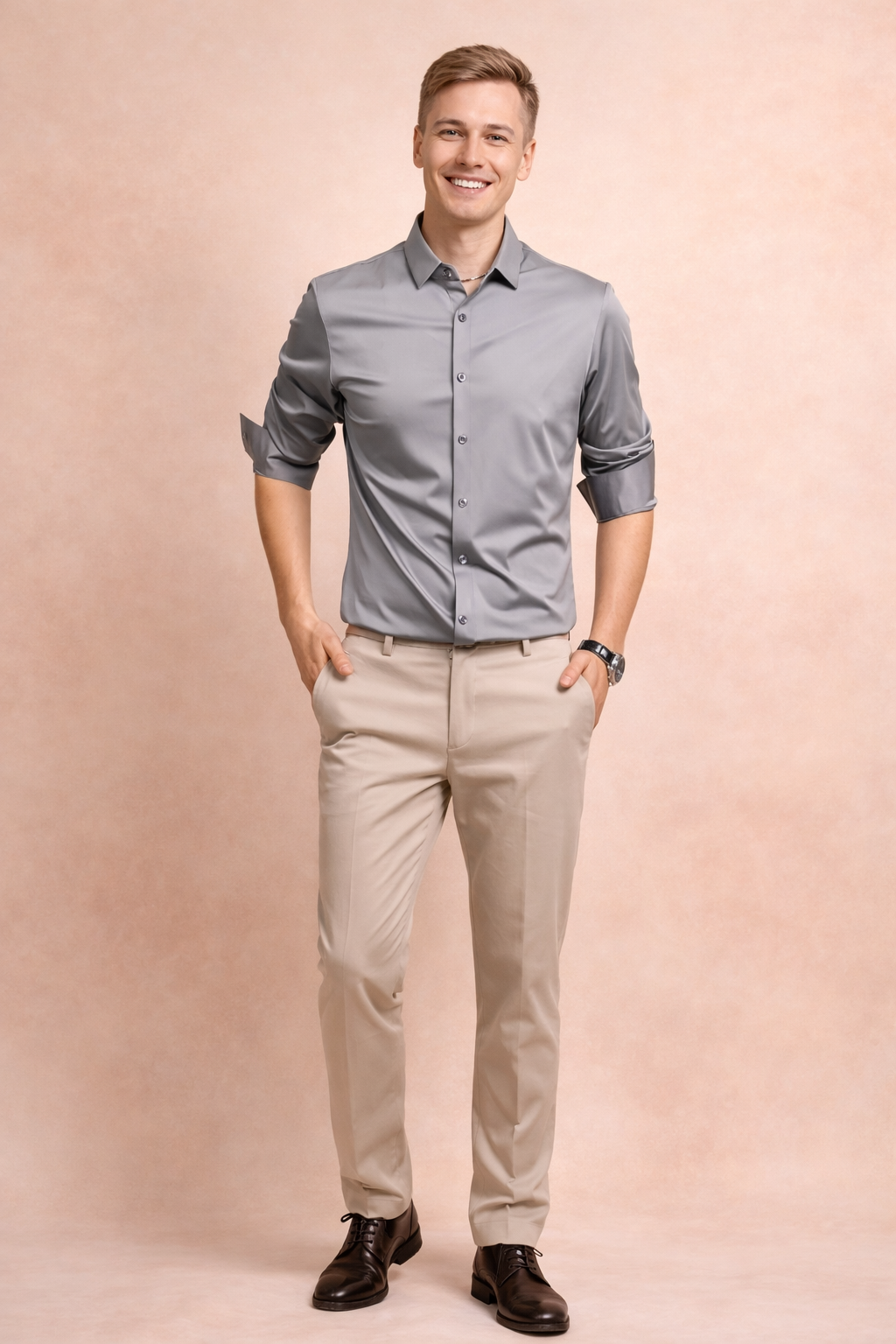 Formal men's long sleeve button-down shirt, ideal for refined business casual and sophisticated workwear.