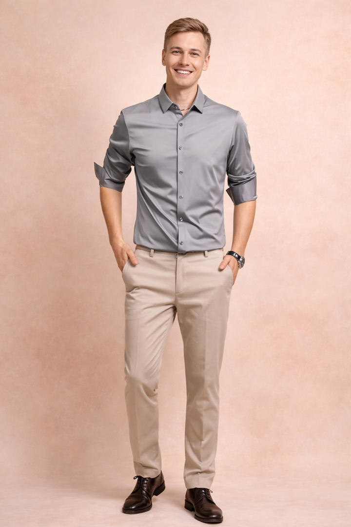 Formal men's long sleeve button-down shirt, ideal for refined business casual and sophisticated workwear.