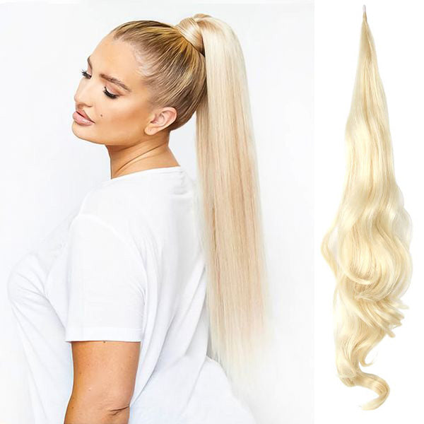 Women's clip-in ponytail hair extension. Voluminous synthetic hair accessory for quick, long styles.