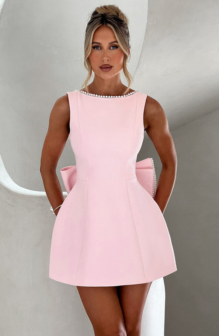 Women's Pearl Trim Bow A-Line Mini Dress