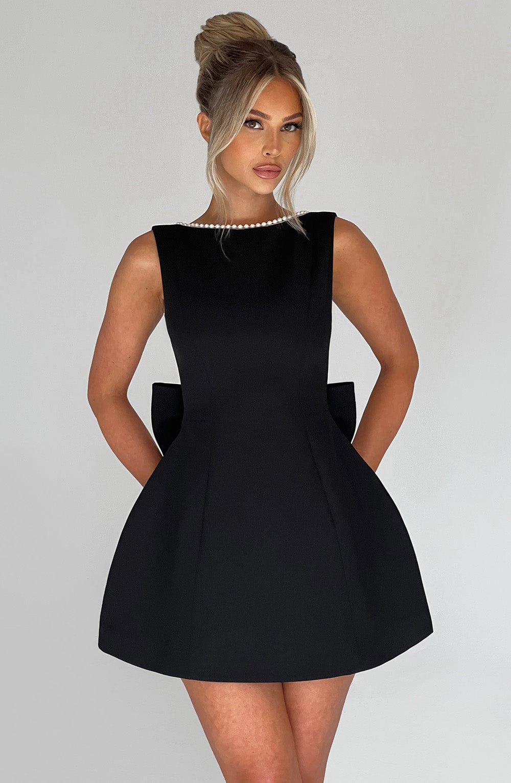 Women's Pearl Trim Bow A-Line Mini Dress