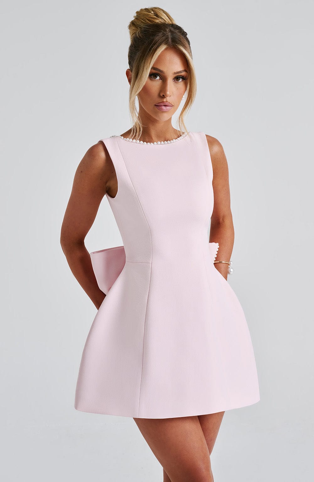 Women's Pearl Trim Bow A-Line Mini Dress