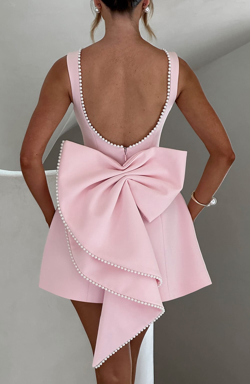 Women's Pearl Trim Bow A-Line Mini Dress