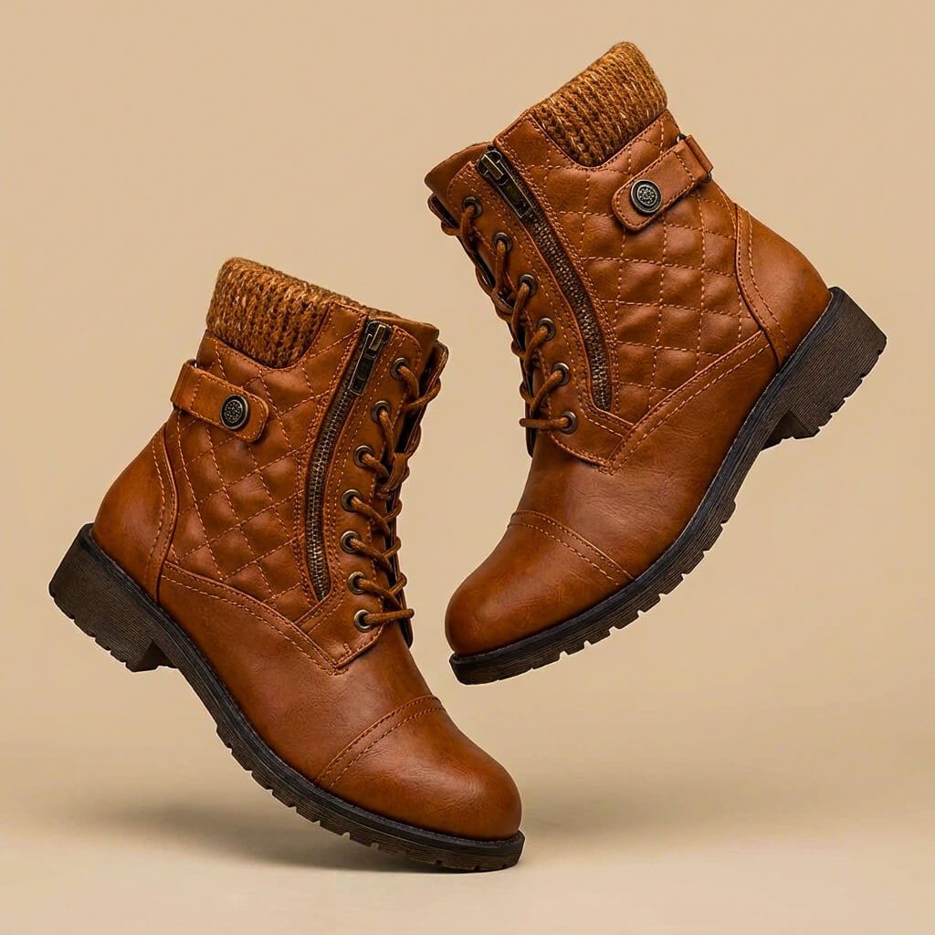 Elegant women's quilted leather ankle boots. Stylish & comfortable for fall/winter fashion. Versatile footwear.