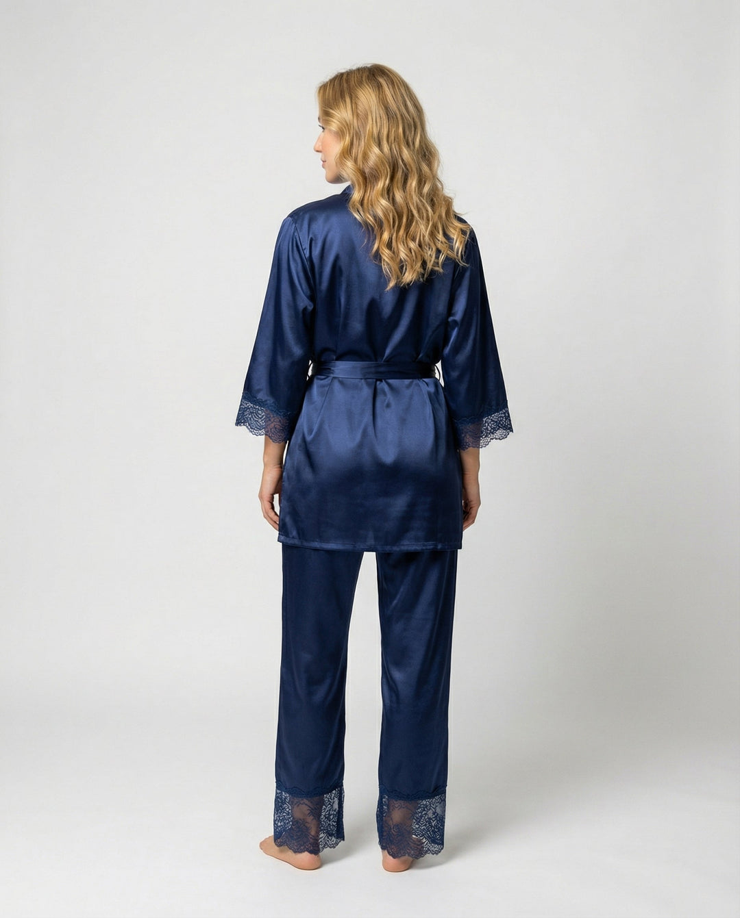 Elegant women's silk blend pajama top, a comfortable kimono-style sleepwear piece.