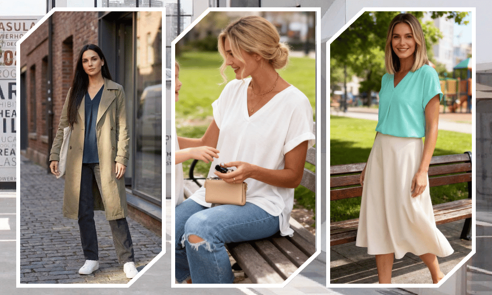 Soft women's V-neck tee, a comfortable slimming top with a flattering fit for casual fashion.