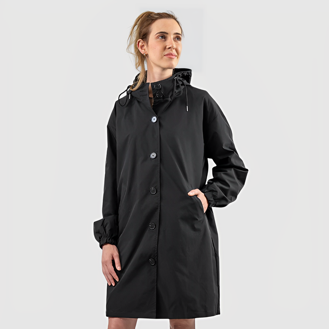 Women's lightweight waterproof hooded rain jacket for outdoor activities & all-weather protection.