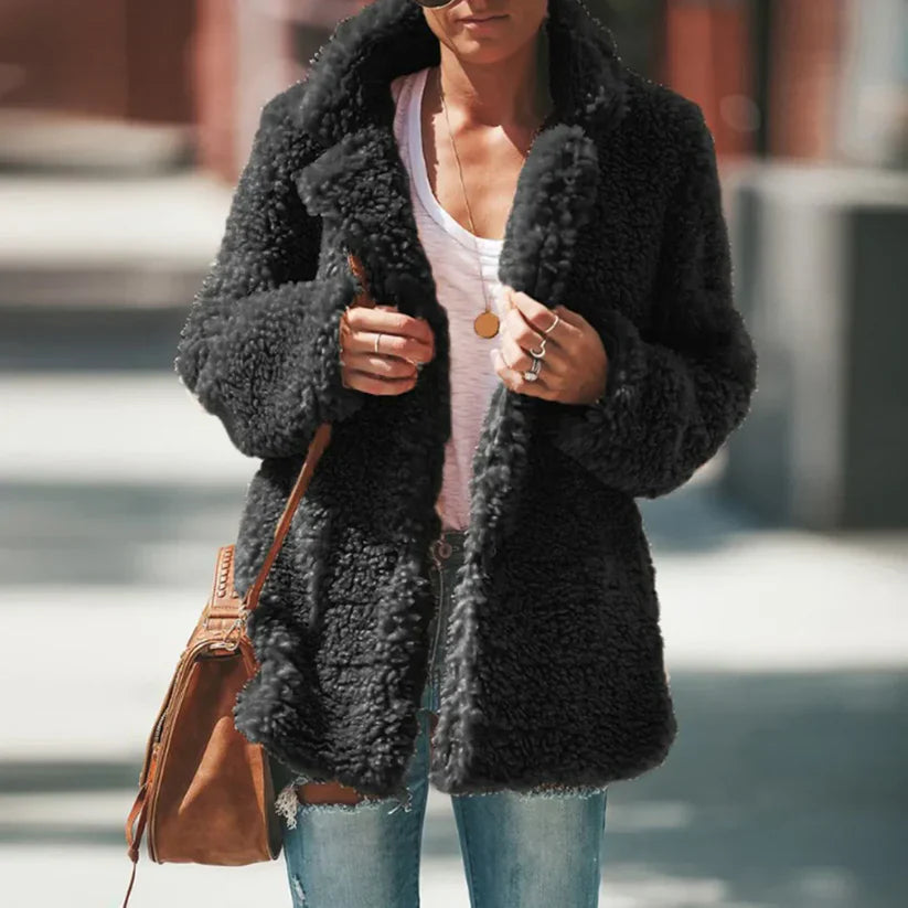 Soft plush women's textured layering coat, ideal for casual fall outfits and comfortable winter style.