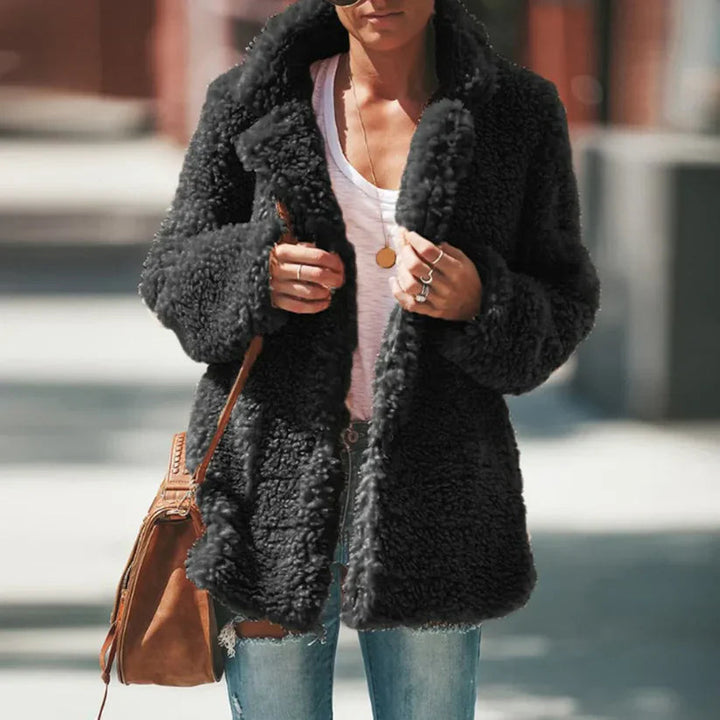 Soft plush women's textured layering coat, ideal for casual fall outfits and comfortable winter style.