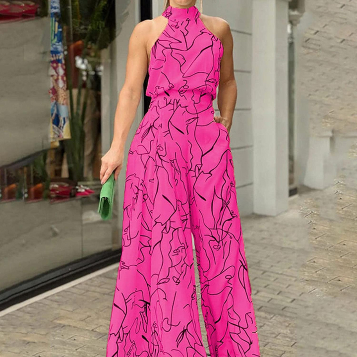 Versatile women's one-piece wide-leg jumpsuit, sleeveless and belted, ideal for casual or evening style.