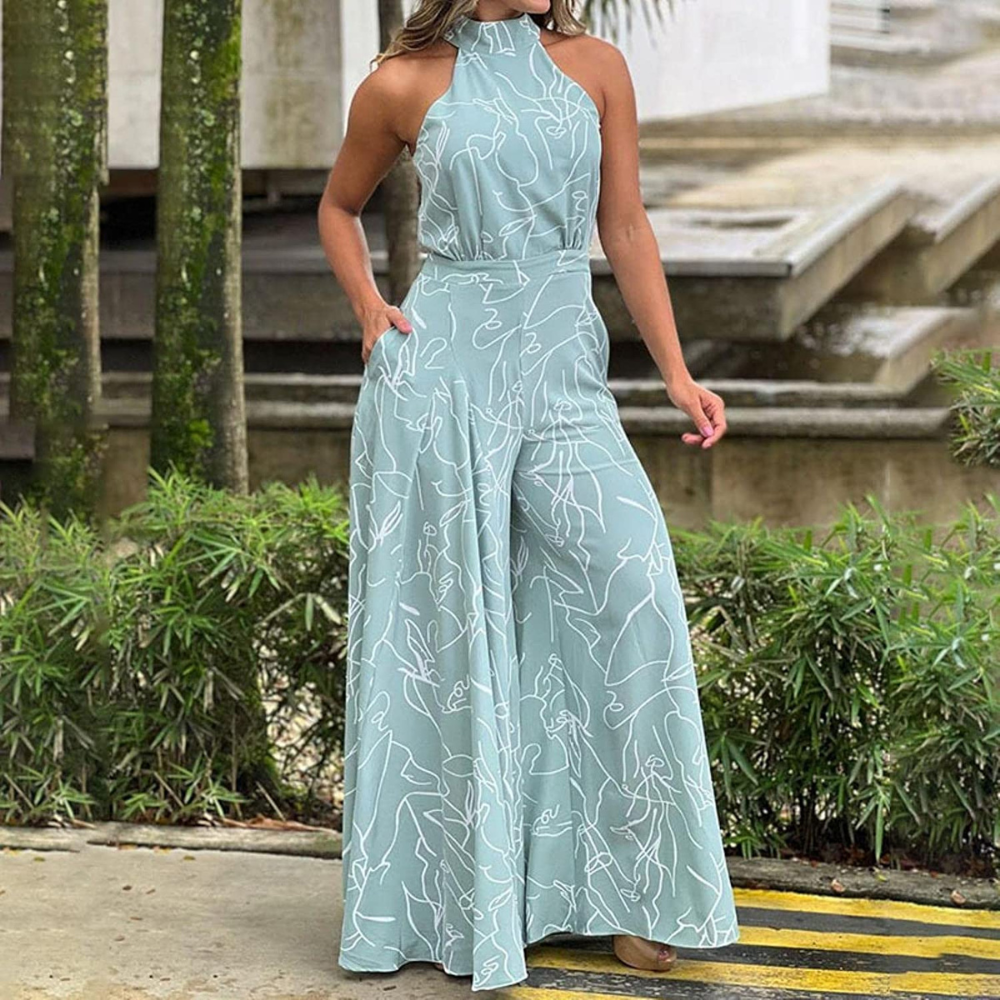 Fashionable women's belted wide-leg jumpsuit, sleeveless, offering elegant and versatile summer style.