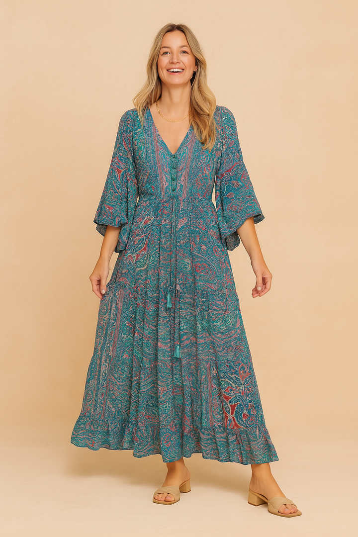Elegant women's boho maxi dress with a comfortable flowy fit and long sleeves, ideal for casual or summer events.