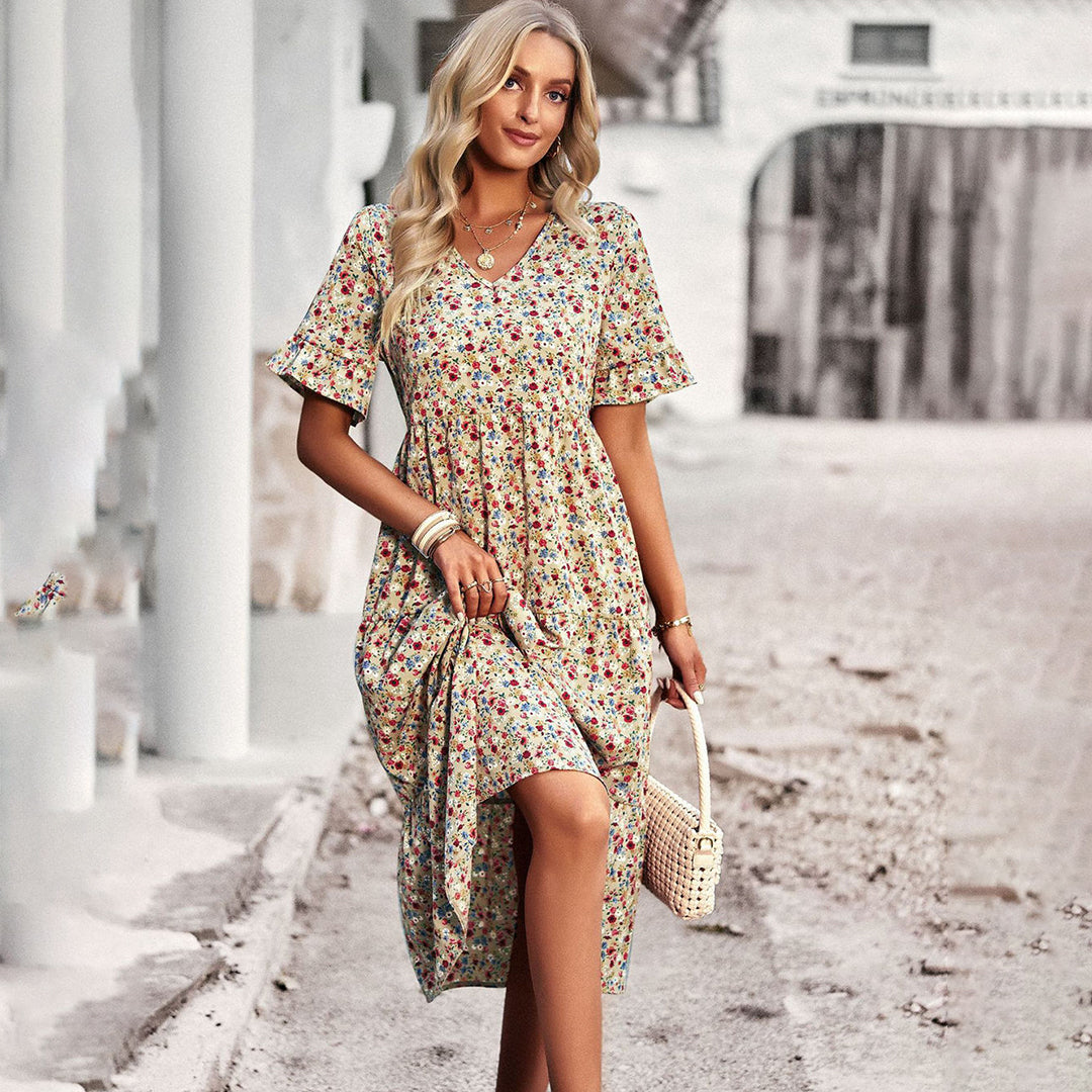 Women's Bohemian Floral Midi Dress, flowy v-neck, flutter sleeves for summer casual wear & vacation.