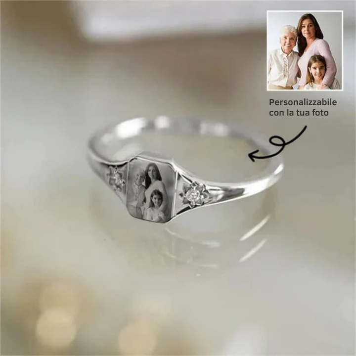 Sterling silver custom ring featuring a personalized photo and chosen birthstone. Unique memory jewelry for women.