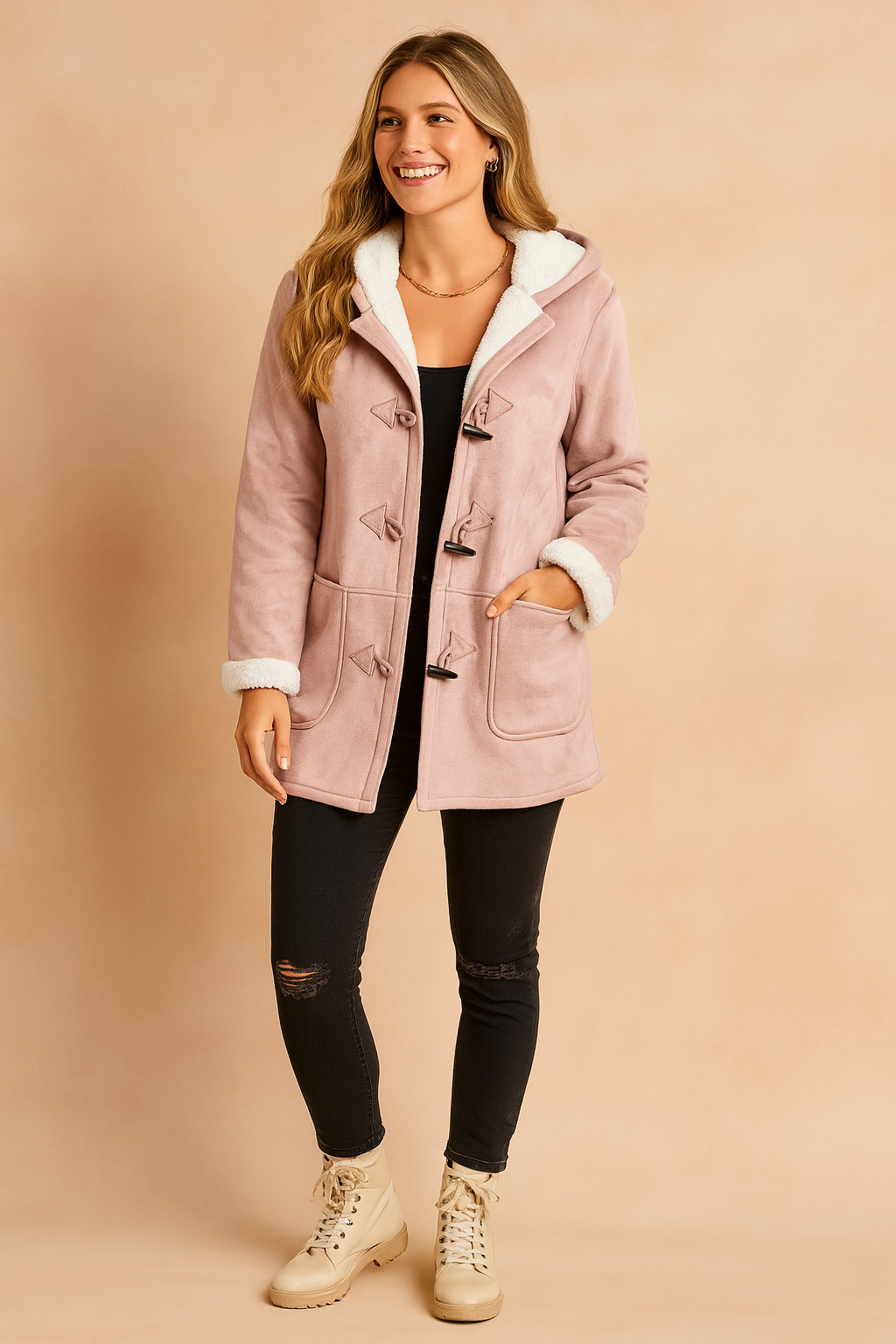 Women's cozy hooded winter jacket in a stylish color, perfect for warm cold weather outerwear fashion.