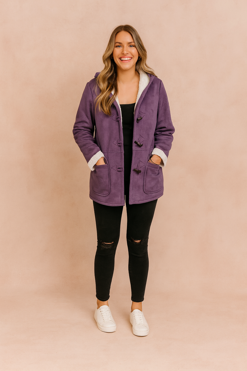 Stylish women's warm winter jacket with a hood, ideal for cold weather fashion and cozy outerwear.