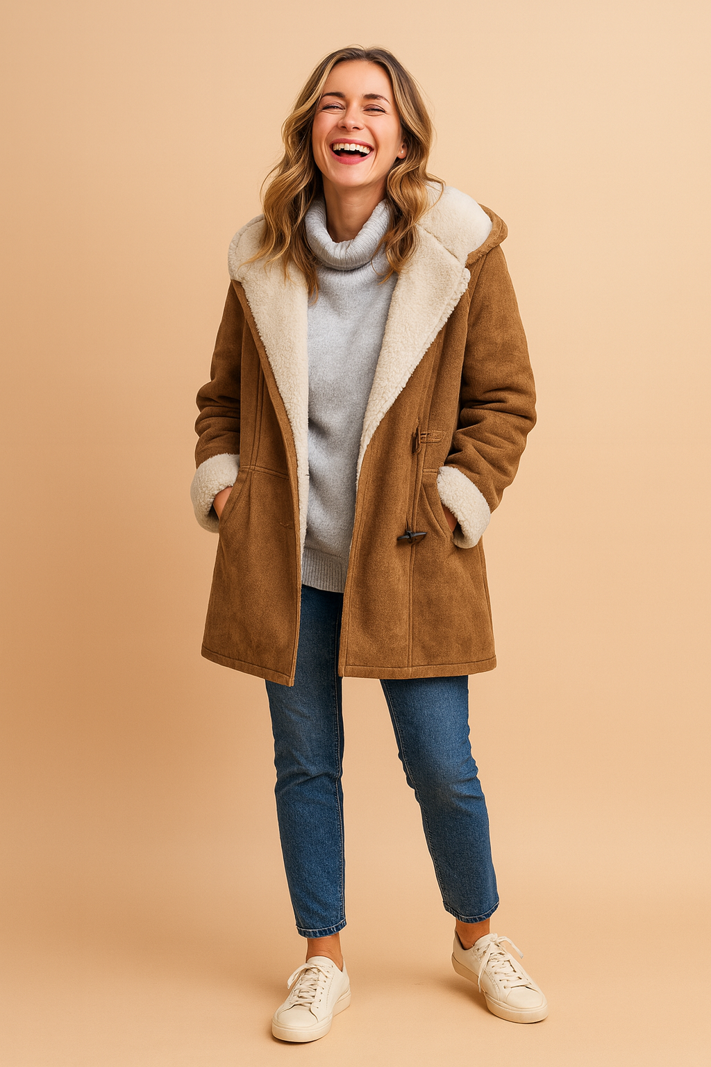 Fashionable women's hooded winter jacket, cozy and warm outerwear for winter weather and stylish womenswear.