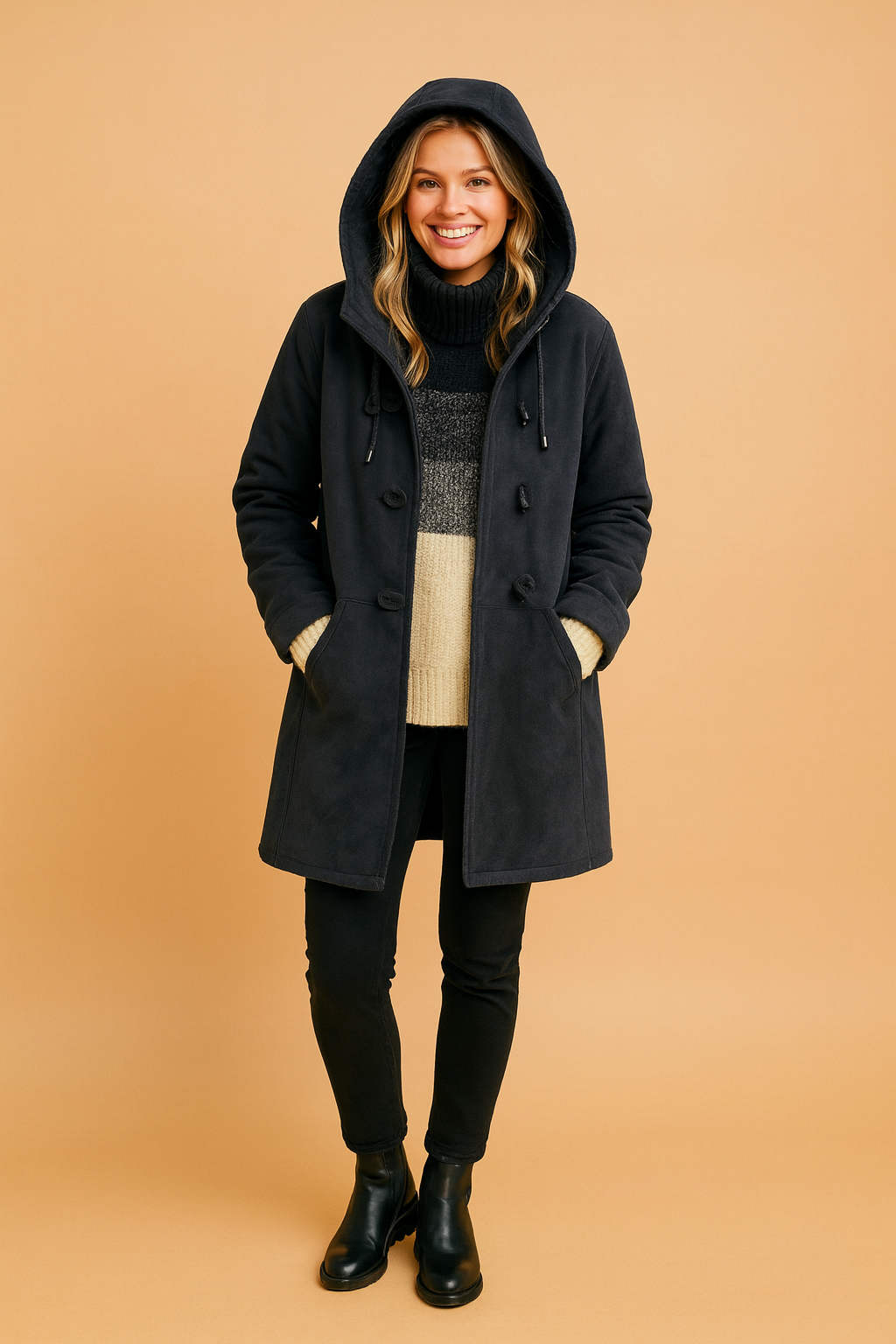Modern women's hooded winter jacket, a versatile and warm outerwear piece for chilly days and winter fashion.