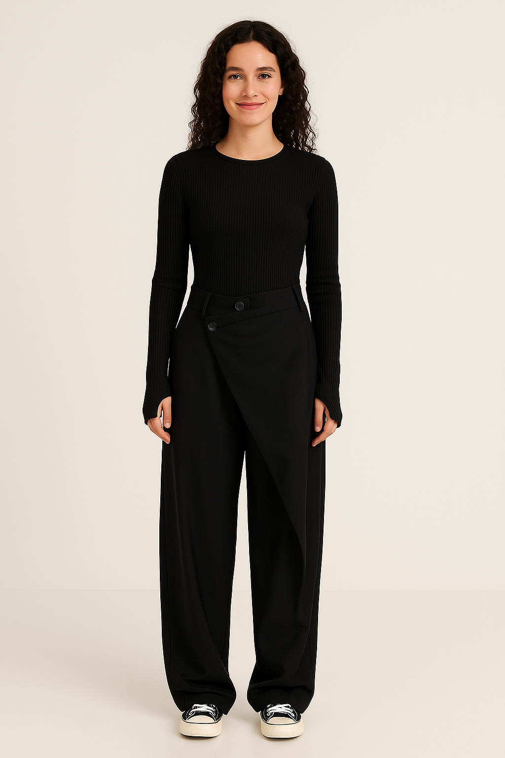 Women's asymmetrical relaxed fit trousers. Effortless style for modern fashion.