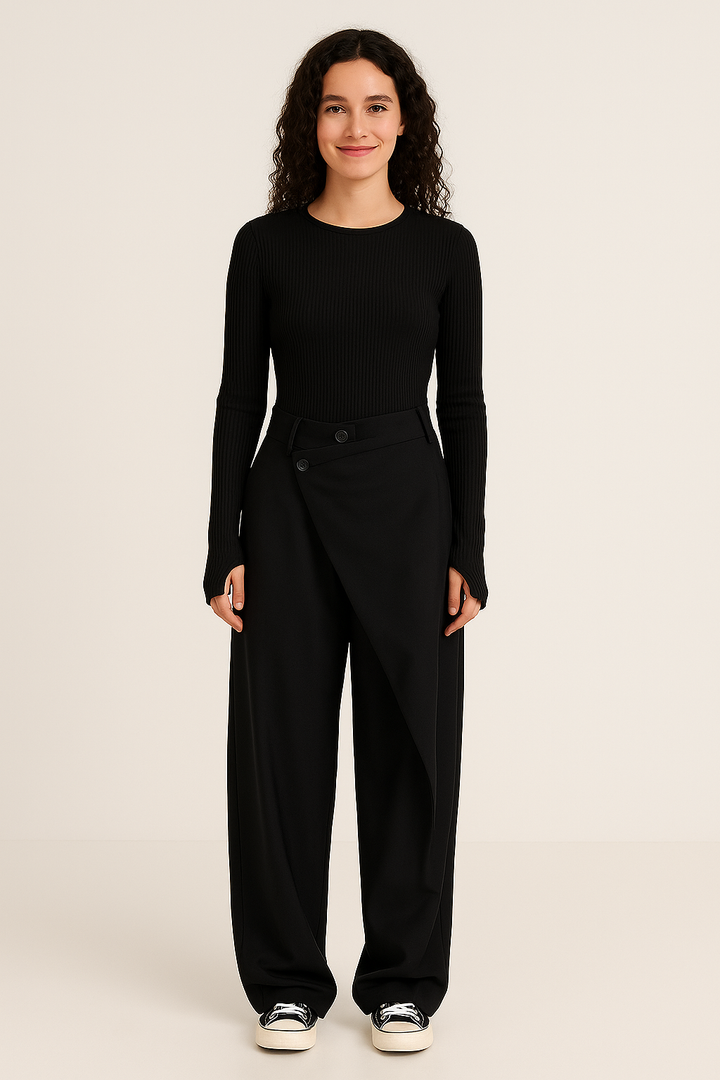 Women's asymmetrical relaxed fit trousers. Effortless style for modern fashion.
