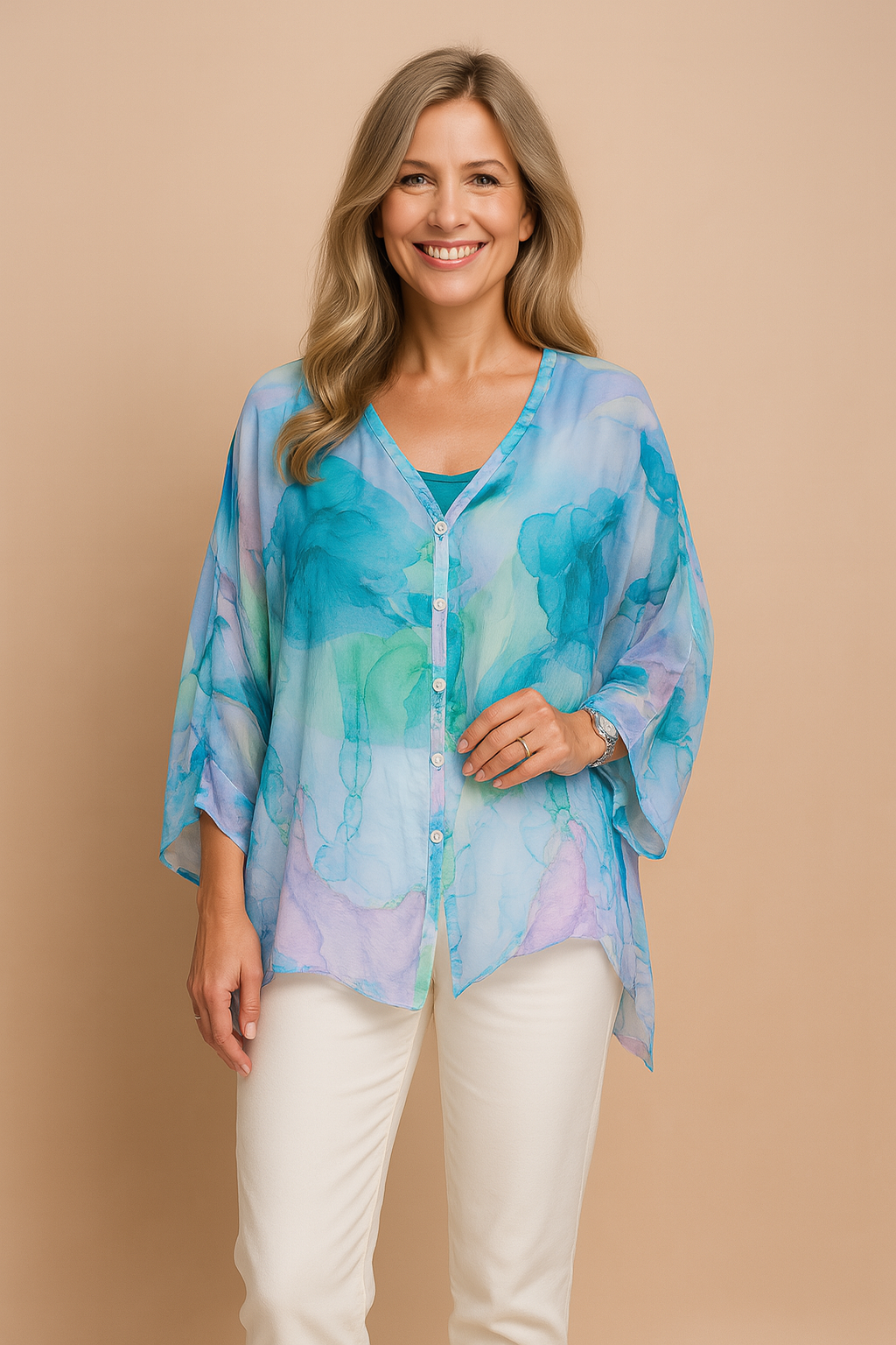 Elegant casual women's Aurora airy button-up blouse with unique artistic print. Ideal for summer fashion.