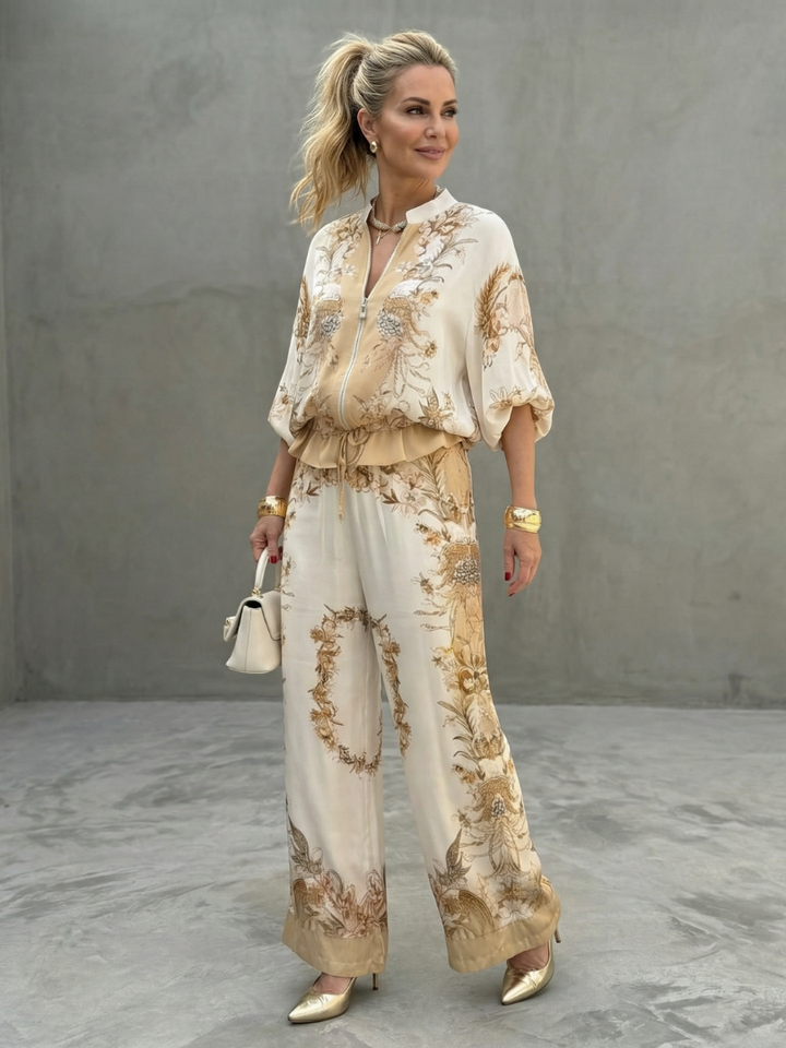 Women's lightweight two-piece matching set. Chic top & wide-leg pants for elegant spring/summer casual wear.